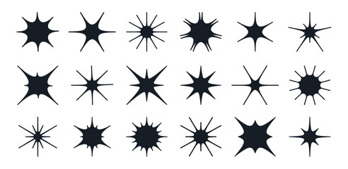 Doodle Y2K star sparks. Shiny magical twinkles and hand drawn stars, shimmering sparks elements flat vector illustration set. Retro glittering y2k flashlight silhouettes