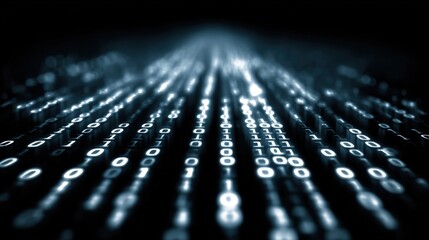 Abstract digital tunnel with binary code flowing, conveying data and information pathways. Focus creates a sense of speed and connection