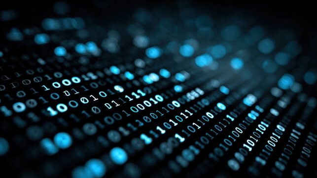 A dark background of glowing binary code in cyan, suggesting digital data flowing. The focus is blurred, creating depth