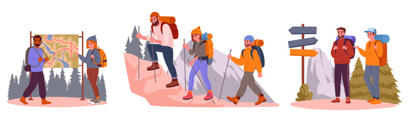 Hiking people. Active outdoor characters trekking and camping, hiking and backpacking flat vector illustration set. Outdoor adventure scene collection