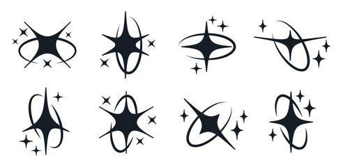 Shiny stars with oval frames. Doodle Y2K magical ellipse shapes with stars and twinkles, shimmering sparks elements flat vector illustration set. Retro glittering y2k stars collection