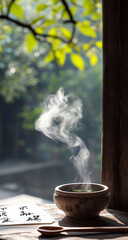 A small bowl of green tea steaming in the sunlight, with an ancient Chinese-style background and blurred garden scenery outside.