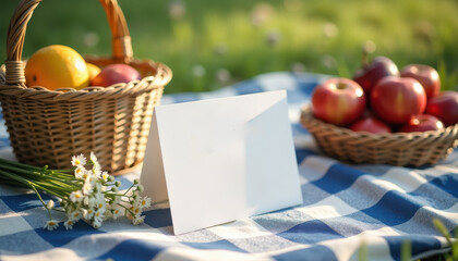 Table number mockup. Picnic table number mockup with fruit basket and flowers