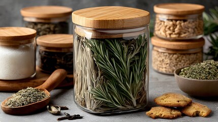 Glass jars with wooden lids filled with various herbs and spices.