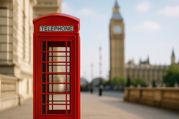 Obraz premium Iconic Red Telephone Booth With Big Ben in London Architectural Landmark Urban Scene