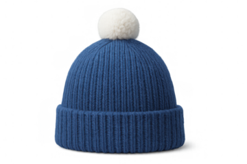 Blue woolen hat with white pompom isolated on transparent background, perfect for winter season