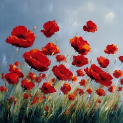 Obraz premium Vibrant Red Poppies Blooming Against a Soft Blue Sky