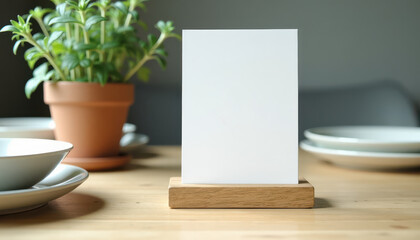 Table number mockup. Scandinavian-style mockup with dishes and greenery