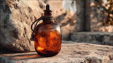 Amber glass bottle with dropper atop a stone surface.