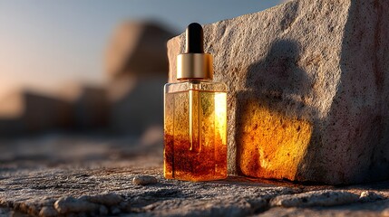 Golden dropper bottle on weathered stone.