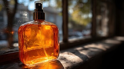 Amber perfume bottle rests on a windowsill.