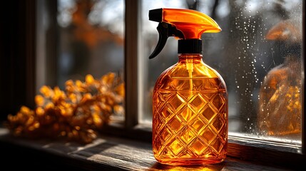 Amber glass spray bottle on a windowsill.