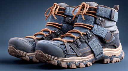 Pair of rugged hiking boots with multiple straps.