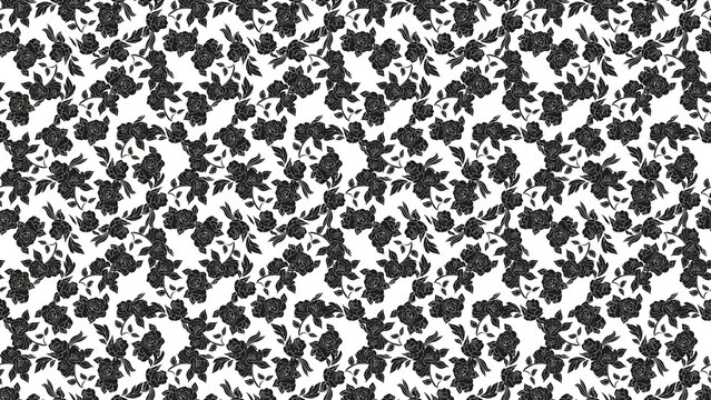 A repeating pattern of black roses and leaves on a white background in a dense arrangement