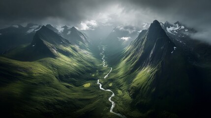 Majestic aerial view of the lush green mountains and valleys in Norway