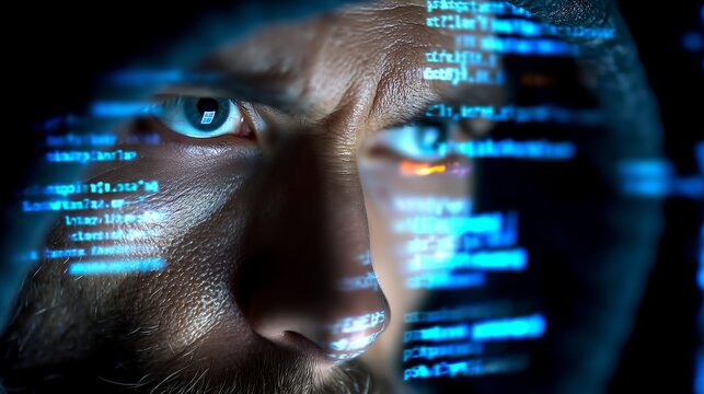 A man with a focused expression surrounded by floating Python code on screen
