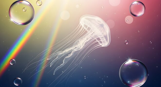 Close-up photo of a jellyfish against a colorful backdrop with distorted light sources - Powered by Adobe