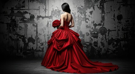 Elegant Woman in Red Gown Holds Bouquet Against Textured Wall