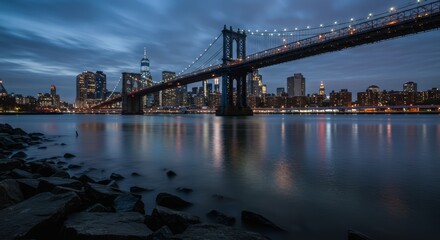 New York City Skyline with Bridges Illuminated at Dusk