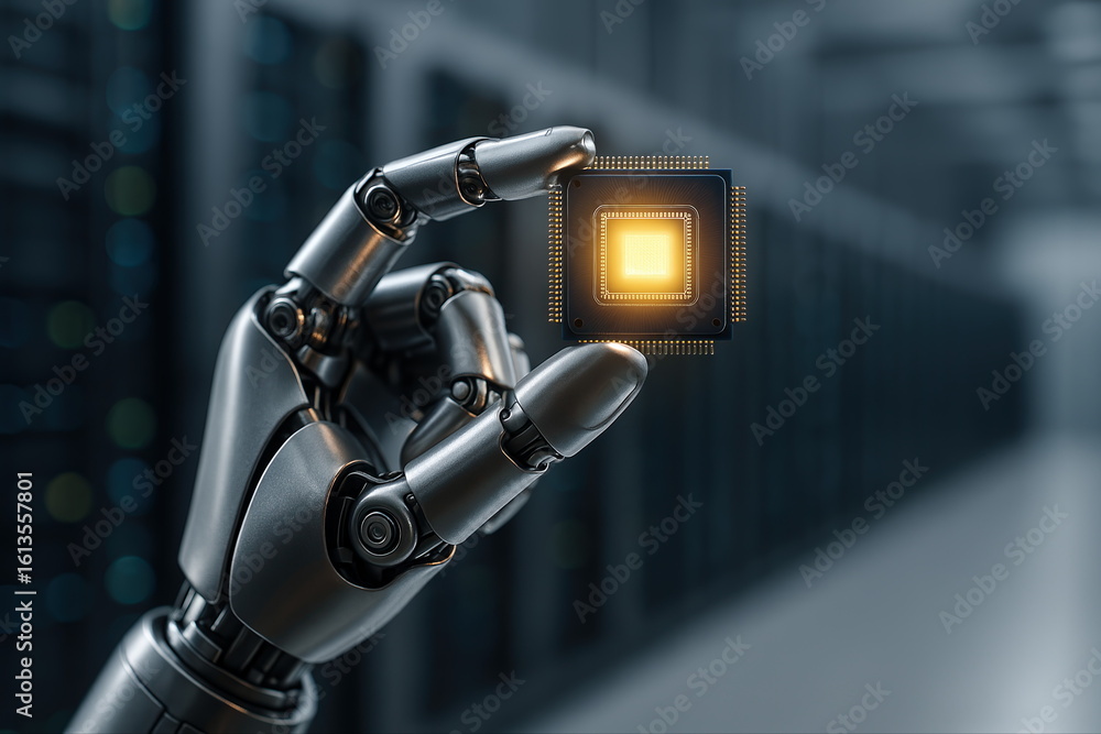 Poster futuristic robotic hand holding illuminated microchip in data center environment showcasing advanced