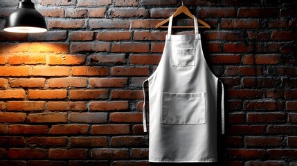 Empty white apron hanging on a brick wall.