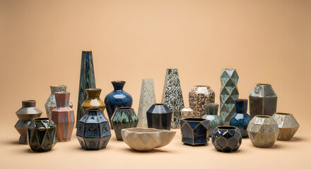 Diverse Collection of Textured Ceramic Vases on a Warm Beige Background