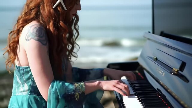 Red Haired Woman Plays Piano on Rocky Beach Shore in Green Dress Under Natural Light