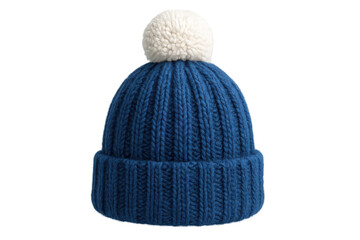 Warm blue winter hat with white pompom, perfect for cold weather, isolated on transparent background