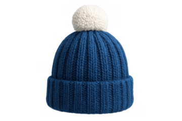 Warm blue winter hat with white pompom, perfect for cold weather, isolated on transparent background