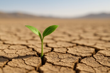 Seedling with two green leaves emerging through cracked dry soil in barren landscape. Macro nature photography with shallow depth of field. Drought resilience concept. Macro shot
