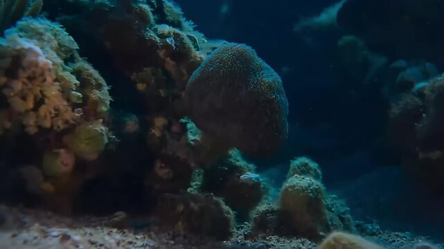 Graceful octopus changing color and camouflaging on the ocean floor