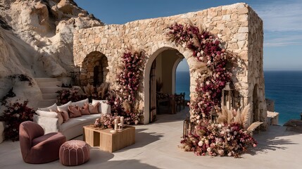 Rustic outdoor seating area with floral archway.
