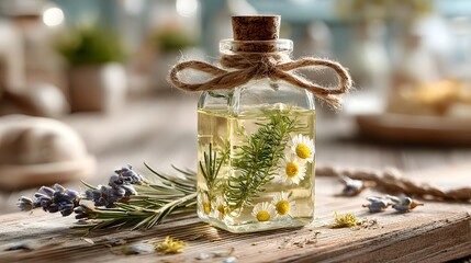 Glass bottle of herbal oil with wildflowers and herbs.