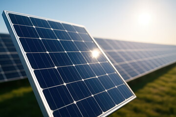 Obraz premium Solar Panels Reflecting Sunlight in a Clear Sky for Renewable Energy Concepts and Eco-Friendly Technology Promotions