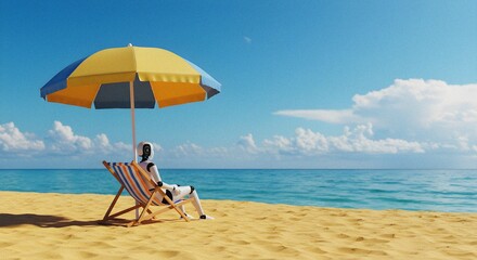 Robot Relaxing on a Beach Under a Sun Umbrella