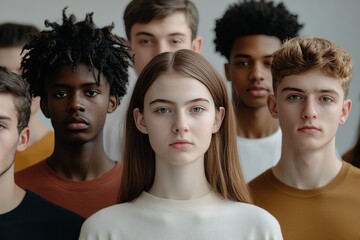 Fototapeta premium Portrait of a diverse group of young teenagers standing together, showcasing modern fashion and youth culture.