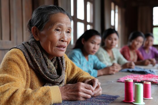 Elderly asian female artisan leading sewing workshop with young women