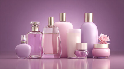 Elegant Pink and Lavender Cosmetic Bottles and Jars on Transparent Background

