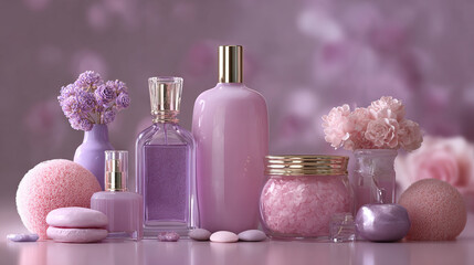 Elegant Pink and Lavender Cosmetic Bottles and Jars on Transparent Background

