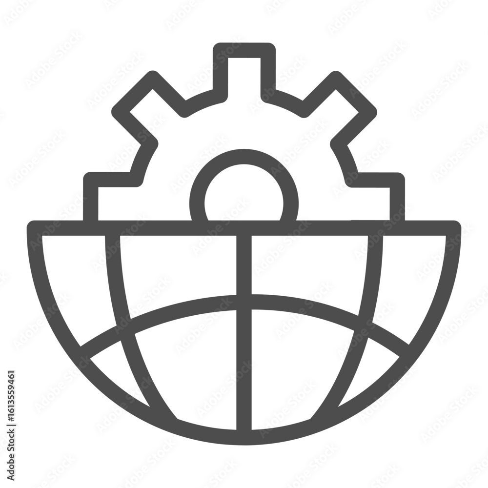 Poster half of globe and gear line icon, global mechanic cogwheel concept, mechanism cog vector sign on whi
