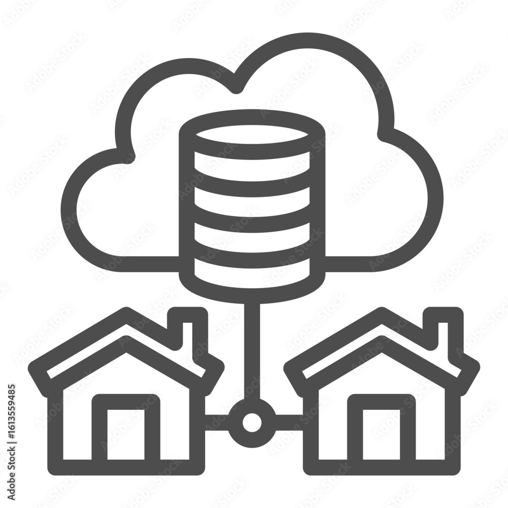 Poster database and network with houses line icon, online data saving concept, cloud storage vector sign on
