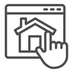 Hand index finger on website with house line icon, work from home concept, remote job vector sign on white background, outline style icon for mobile concept and web design. Vector graphics.