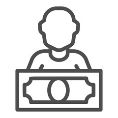 Man and money cash line icon, salary payment concept, person with dollar banknote vector sign on white background, outline style icon for mobile concept and web design. Vector graphics.