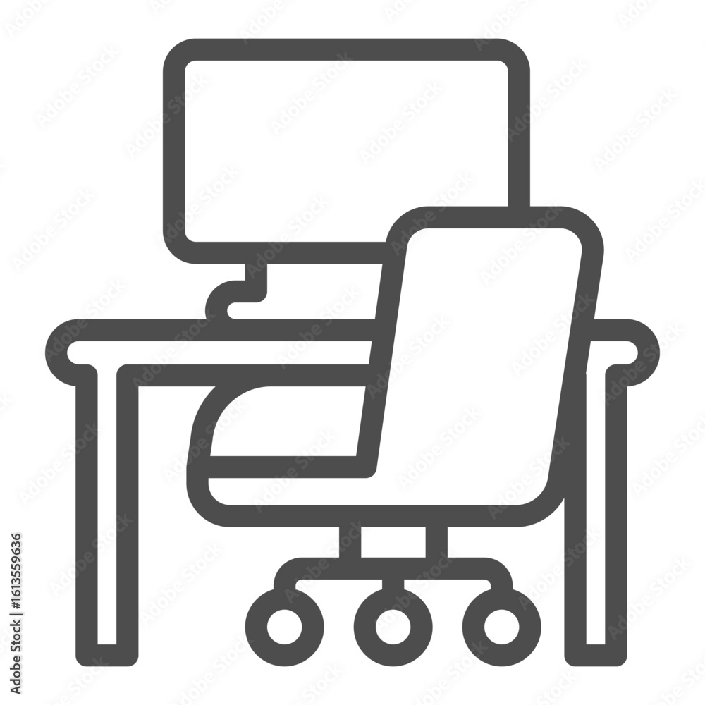 Poster desk with computer monitor and chair line icon, home workspace concept, workplace vector sign on whi