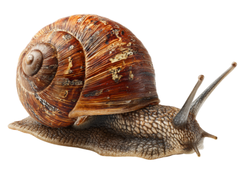 Close up of a brown garden snail with spiral shell crawling slowly isolated on white