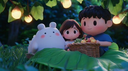 Cozy Night Under Leaves with Child and Character Gathering Fruits in a Magical Forest Setting