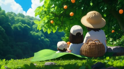 Family Enjoying a Sunny Day in Nature Under an Orange Tree in a Beautiful Landscape