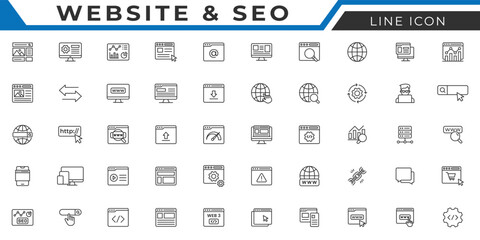 Website line icon set. Containing web design, internet, content, SEO, hosting, blog, homepage, e-commerce line icon collection set.