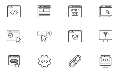 Website line icon set. Containing web design, internet, content, SEO, hosting, blog, homepage, e-commerce line icon collection set.