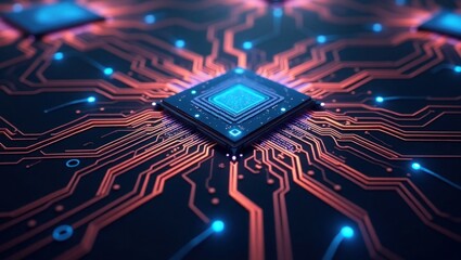 Central Processing Unit Microchip Circuit Board Blue Orange Glow